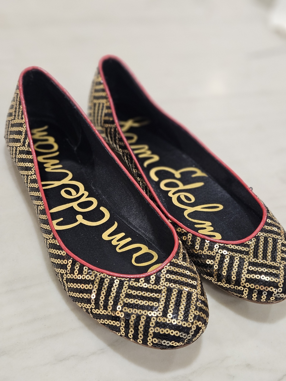 Sam Edelman Felicia Black Gold Sequin Metallic Woven Bow Flats 7 M